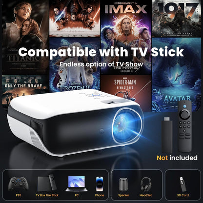 Projector, Native 1080P Bluetooth Projector, Portable Outdoor Movie Projector, Full HD Mini Projector with Speaker for Home Bedroom, Compatible with Smartphone,Hdmi,Usb,Av,Fire Stick,Ps5