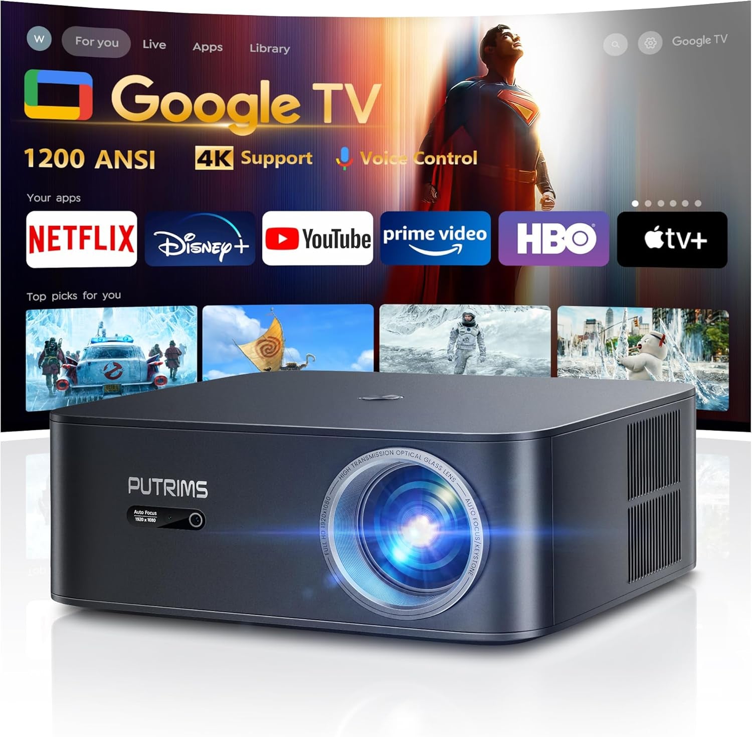 [1200 Ansi/Google Tv/Voice Control]Smart Projector with Wifi 6 and Bluetooth, Netflix-Licensed 4K Support, Outdoor Movie Proyector, 1080P Home Ceiling Auto Focus Projector,  K12 Gray