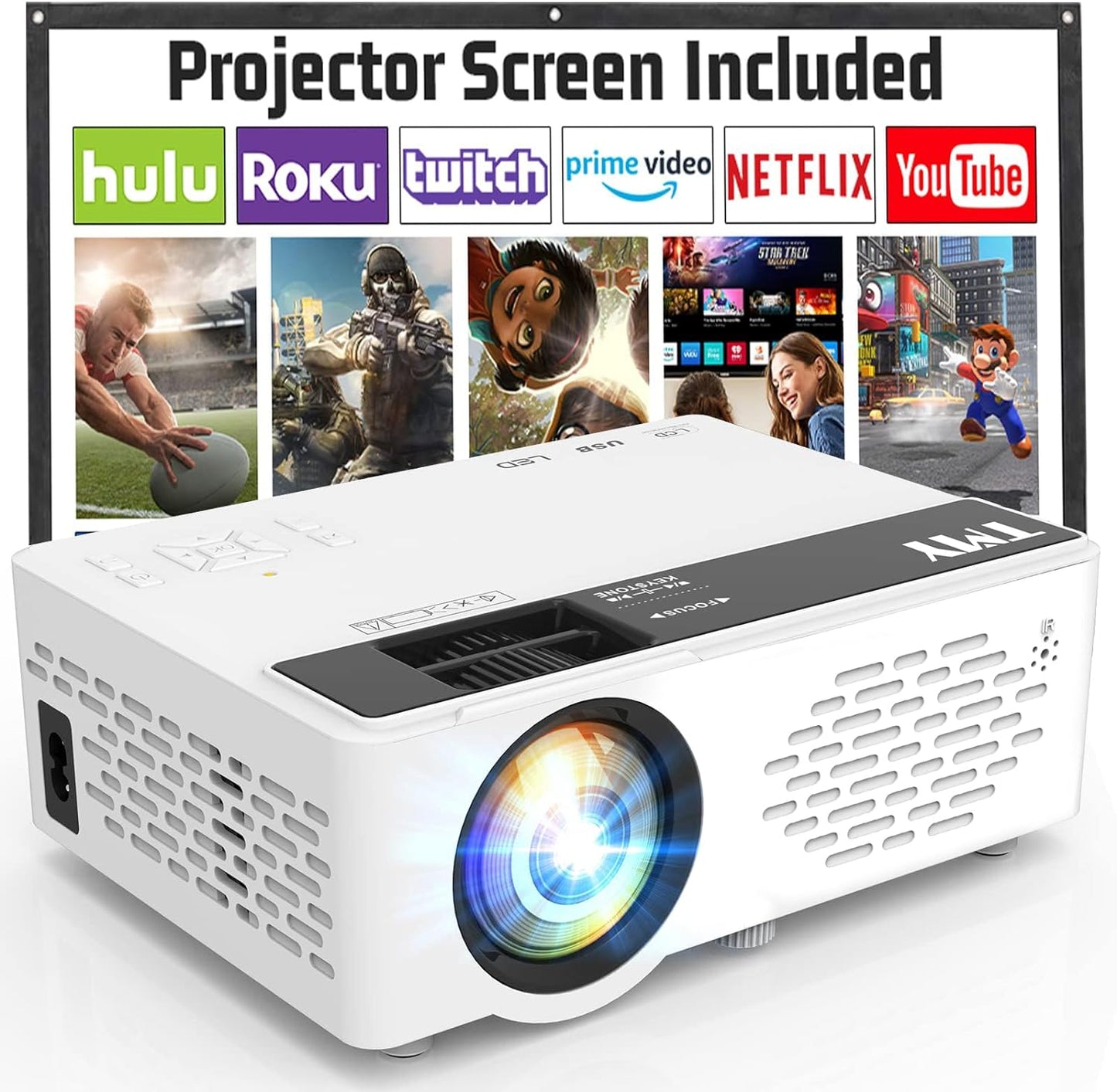 Mini Projector, Upgraded Bluetooth Projector with Screen, 1080P Full HD Portable Projector, Movie Projector Compatible with TV Stick Smartphone/Hdmi/Usb, Indoor & Outdoor Use