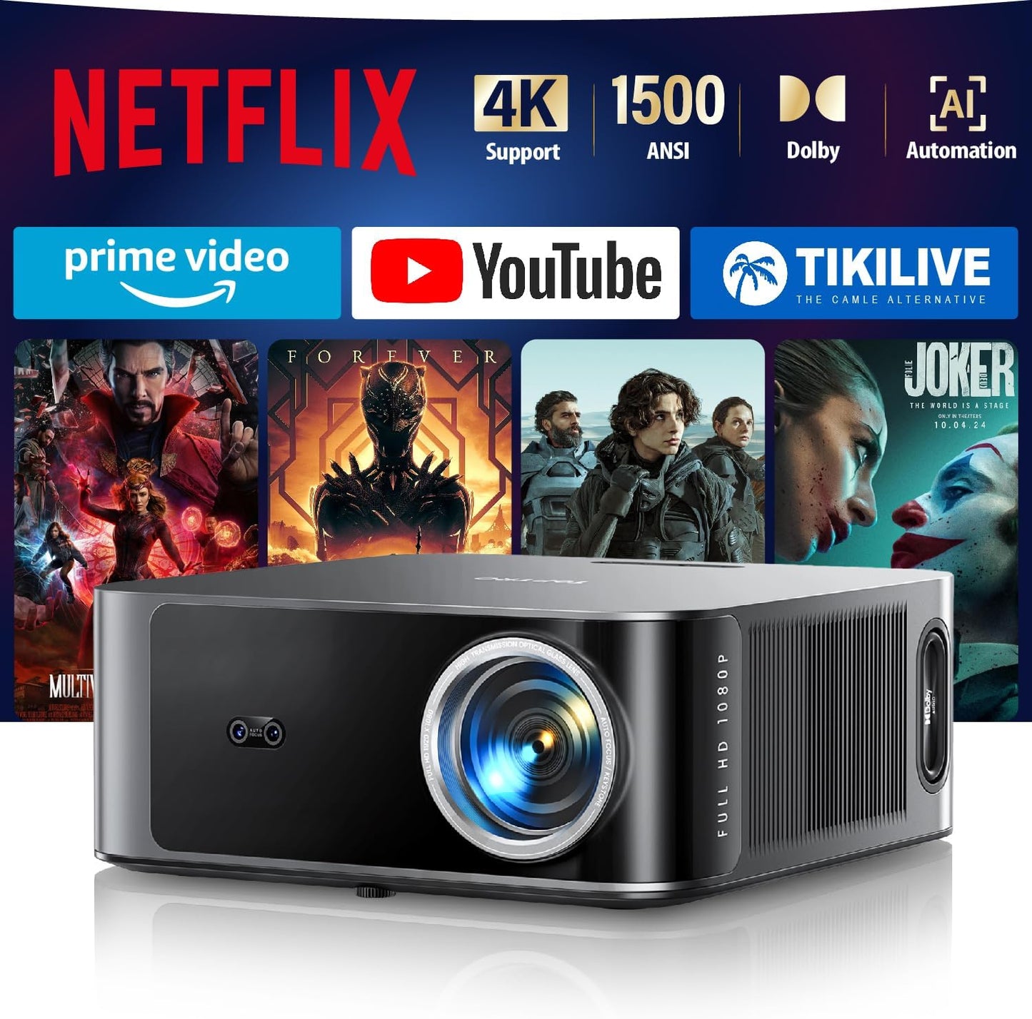 [1500 Ansi/Netflix-Licensed/36W Dolby Audio] Smart-Projector with Wifi 6 and 2-Way Bluetooth, Auto Focus & Keystone,  X9 4K Supported Outdoor Movie Projector, Gray
