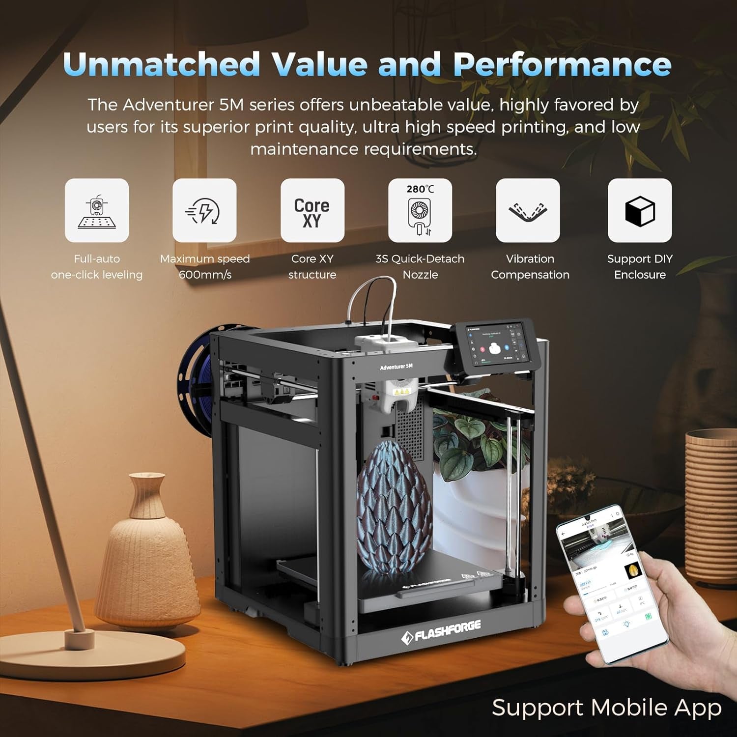 Adventurer 5M 3D Printer with Fully Auto Leveling, Max 600Mm/S High Speed Printing, 280°C Direct Extruder with 3S Detachable Nozzle, Core XY All Metal Structure, Print Size 220X220X220Mm
