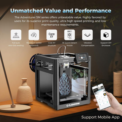 Adventurer 5M 3D Printer with Fully Auto Leveling, Max 600Mm/S High Speed Printing, 280°C Direct Extruder with 3S Detachable Nozzle, Core XY All Metal Structure, Print Size 220X220X220Mm