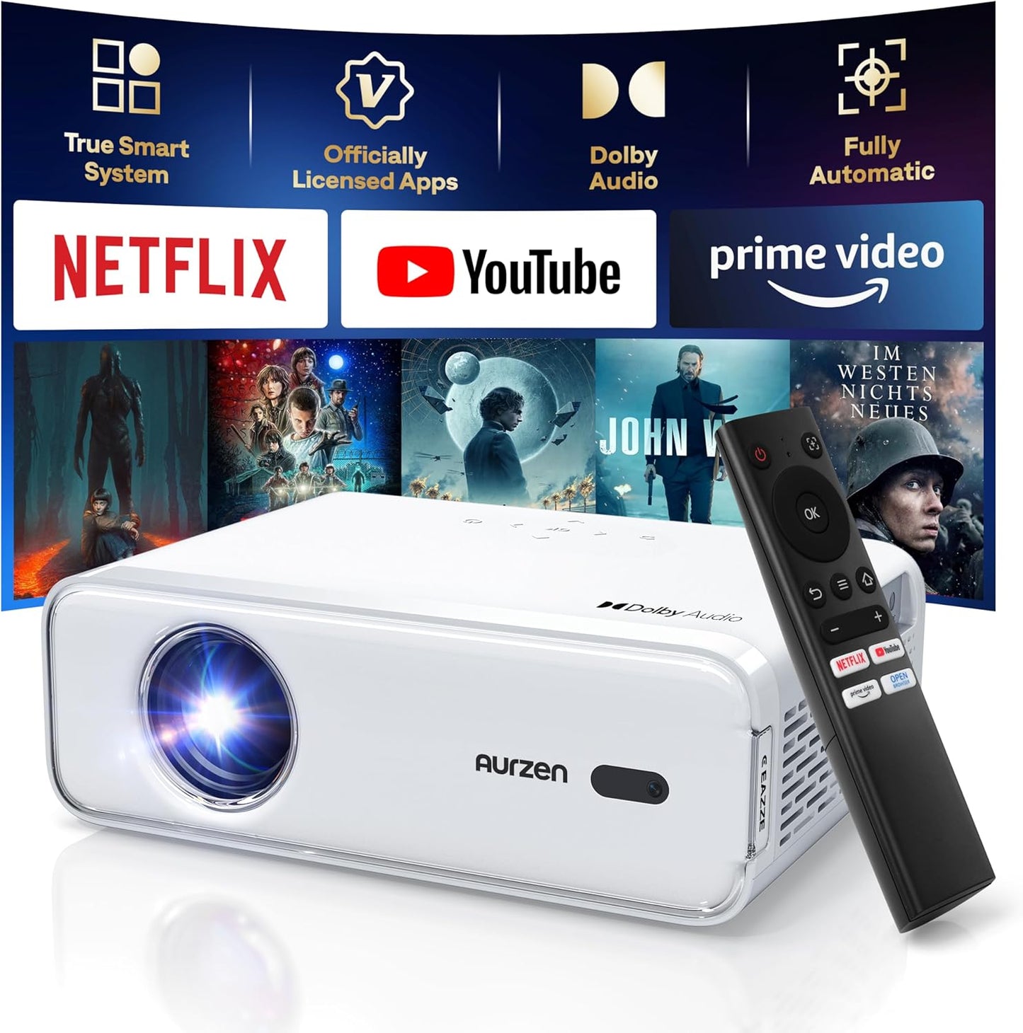 EAZZE D1 Smart Projector with Wifi and Bluetooth, Netflix-Officially-Licensed, Auto Focus & Keystone, Doiby Audio, Zoom, Native 1080P Movie, Portable Outdoor Mini Projector, White